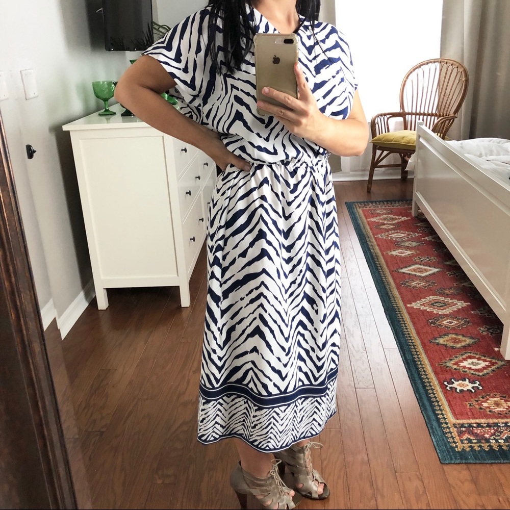 Pellini Vintage V neck Zebra Blue & White Dress